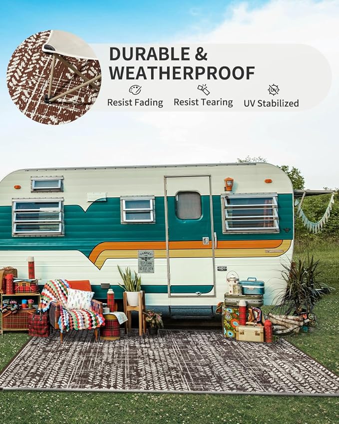 MontVoo Outdoor Rug 8x10 Waterproof-Patio Rug Mat Outdoor Carpet Reversible RV Camping Picnic Plastic Straw Rug Outside Outdoor Area Rug for Balcony Deck Backyard Patio Decor Boho Modern Brown
