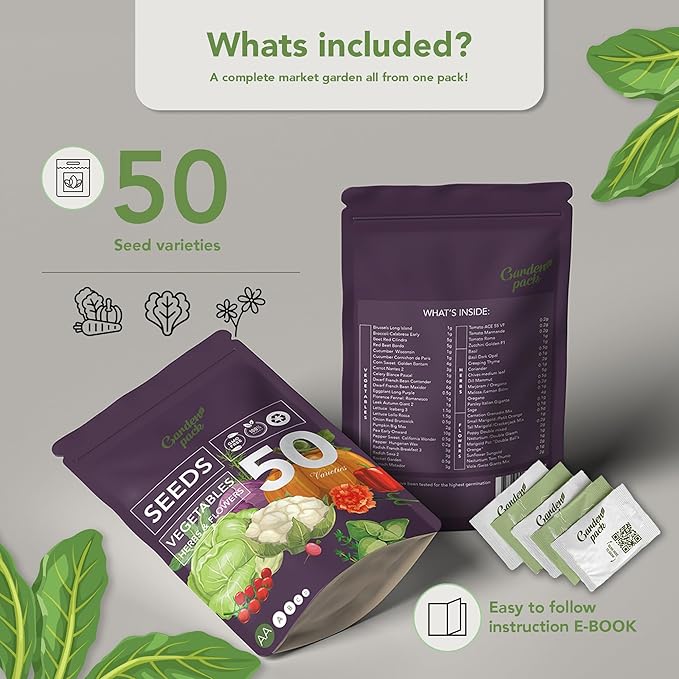 Garden Pack Seeds Pouch - 50 Varieties of Herb, Flower & Vegetable Seeds for Planting - 25,000 Non GMO Heirloom Seeds - Garden Seeds for Vegetable Garden
