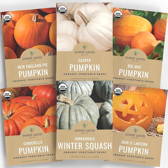 Organic Pumpkin Seeds Variety Pack - 6 Individual Packs - 2025 Season - Jack O' Lantern, Cinderella, Big Max and More! for Indoor & Outdoor Planting (Non-GMO, Certified Organic)