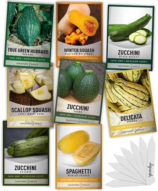Gardeners Basics, 8 Squash Seeds for Planting Individual Packets - Zucchini, Delicata, Butternut, Spaghetti, Scallop, Caserta, Round and Hubbard for Your Non GMO Heirloom Vegetable Garden