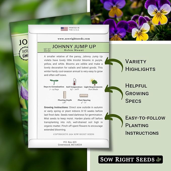 Sow Right Seeds - Violet, Johnny Jump-Up Flower Seed for Planting - Beautiful Flowers to Plant in Your Garden - Non-GMO Heirloom Seeds - Perfect for Spring Containers - Attract Pollinators (2)