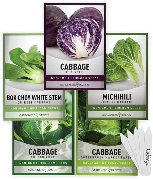 Gardeners Basics, Cabbage Seeds for Planting 5 Individual Packets Bok Choy, Michihili (Napa) Chinese Cabbage, Red, Golden Acre and Copenhagen Market Early for Your Non GMO Heirloom Vegetable Garden