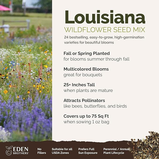 Eden Brothers Louisiana Wildflower Mixed Seeds for Planting, 1 oz, 30,000+ Seeds with Lupine, African Daisy | Attracts Pollinators, Plant in Spring or Fall, Zones