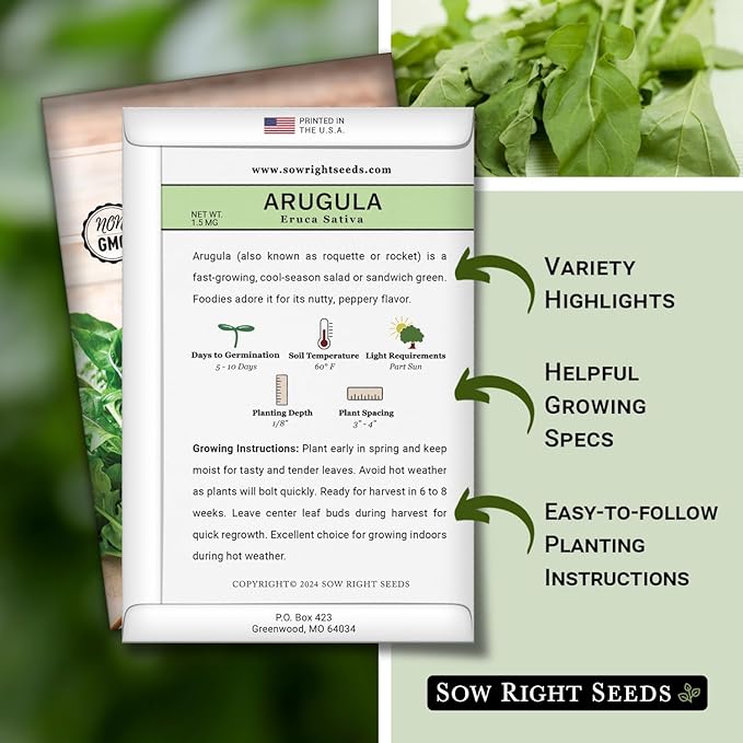 Sow Right Seeds - Arugula Seeds for Planting - Non-GMO Heirloom Seeds with Instructions to Plant a Home Vegetable Garden - Indoors, Hydroponics or Outdoors - Salad Greens - Grow Kitchen Herbs (4)