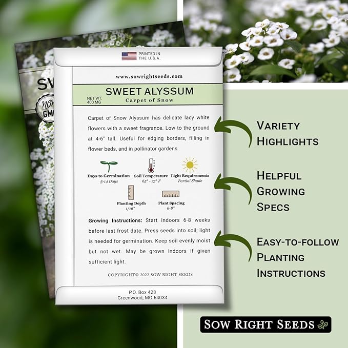Sow Right Seeds - Sweet Alyssum White Carpet of Snow Flower Seeds for Planting - Non-GMO Heirloom Packet with Instructions to Plant in Your Garden - White Perennial - Groundcover with Blooms (3)