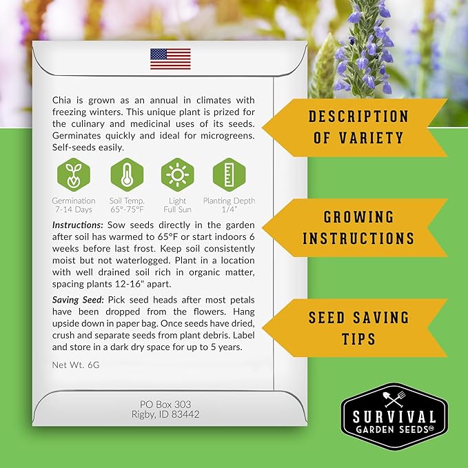 Mexican Chia Seed for Planting - 3 Packets with Instructions to Plant and Grow Mexican Chia in Your Home Vegetable Garden - Non-GMO Heirloom Variety - Survival Garden Seeds