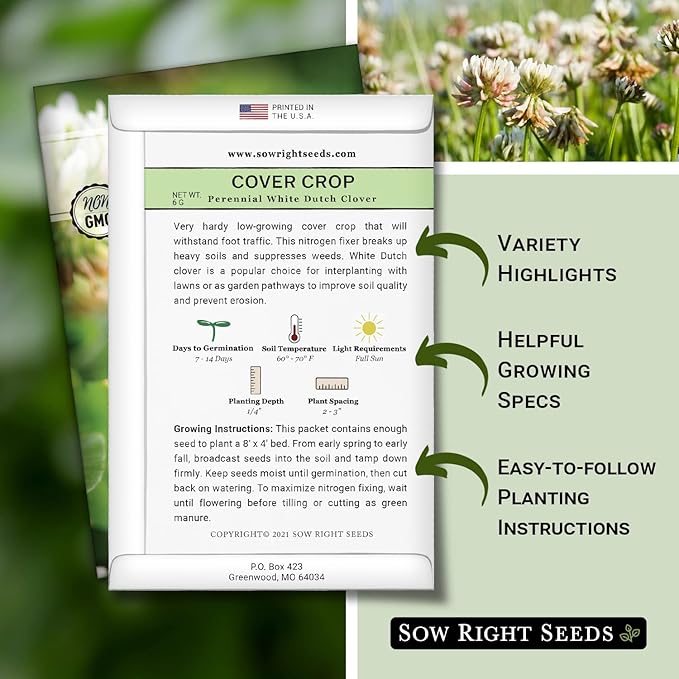 Sow Right Seeds - White Dutch Clover Seed for Planting - Cover Crops to Plant in Your Home Garden - Nitrogen Fixer - Suppress Weeds - Attracts Pollinators - Non-GMO Heirloom Seeds - Gardening Gift (2)