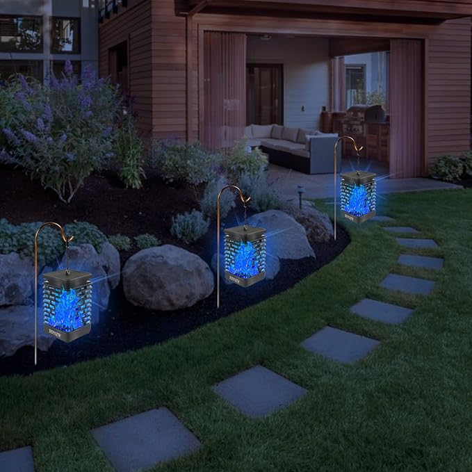 EOYIZW 99 LED Solar Lantern Flickering Flame Lights - 2 Pack Waterproof Garden Lights for Patio Yard Porch Lawn Decorations - Blue Solar Lanterns