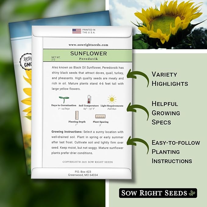 Sow Right Seeds - Peredovik Sunflower Seeds for Planting - Non-GMO Heirloom Packet with Instructions for Growing - Russian Black Sun Flower - Great for Wildlife and Sunflower Oil - Annual Blooms (1)