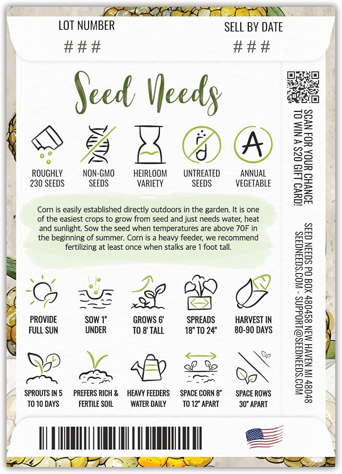 Seed Needs 230+ Peaches & Cream Sweet Corn Seeds for Planting - Non-GMO, Hybrid & Untreated - Organically Grow Your Own Home Grown Vegetable Garden (Bulk)