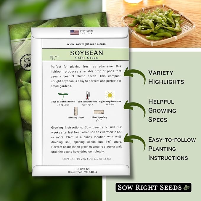 Sow Right Seeds - Chiba Green Soybean Seeds for Planting - Non-GMO Heirloom Packet with Instructions to Plant Vegetable Garden - Old Fashioned Bush Variety for Edamame - Wonderful Gardening Gift (1)