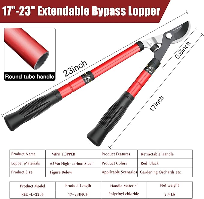 Extendable Bypass Lopper, Garden Tree Trimmer with Sharp SK5 Blade and 17"-23" Telescopic Handle, Branch Cutter Cutting up to 2"