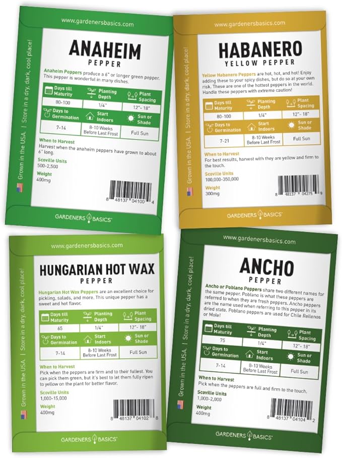 Gardeners Basics, Pepper Seeds for Planting 8 Varieties Pack, Jalapeno, Habanero, Bell Pepper, Cayenne, Hungarian Hot Wax, Anaheim, Serrano, Cubanelle Heirloom Seeds for Planting in Garden Non GMO