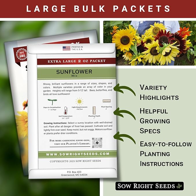 Sow Right Seeds - Bulk Mixed Sunflower Seeds for Planting - 2 Ounce, 1700 Seeds - Non-GMO Heirloom Jumbo Pack with Instructions - Great Wedding/Party Favor - Grow Loads of Bright and Giant Sunflowers