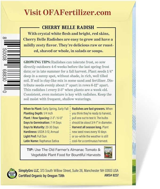 The Old Farmer's Almanac Organic Radish Seeds (Cherry Belle) - Approx 400 Seeds - Certified Organic, Non-GMO, Open Pollinated, Heirloom, USA Origin