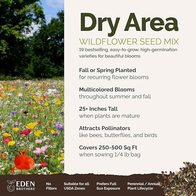 Eden Brothers Dry Area Wildflower Mixed Seeds for Planting, 1/4 lb, 120,000+ Seeds with Cosmos, African Daisy, Blue Flax | Attracts Pollinators, Plant in Spring or Fall, Zones 3, 4, 5, 6, 7, 8, 9, 10
