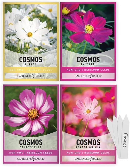 Gardeners Basics, Cosmos Seeds for Planting Outdoors Flower Seeds (4 Variety Pack) Cosmos Candystripe, Sensation Mix, Dazzler, Purity Pink and White Varieties for Bees, Pollinators Wildflower Seed