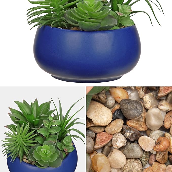 Fake Plants Artificial Succulents in Pots Faux Succulent Arrangement Potted Plant in Blue Ceramic Planter Bowl for Home Decor Office Desk Bathroom Shelf Living Room Indoor Decorations