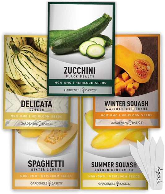 Gardeners Basics, Squash Seeds for Planting 5 Individual Packets - Zucchini, Delicata, Butternut, Spaghetti and Golden Crookneck for Your Non GMO Heirloom Vegetable Garden