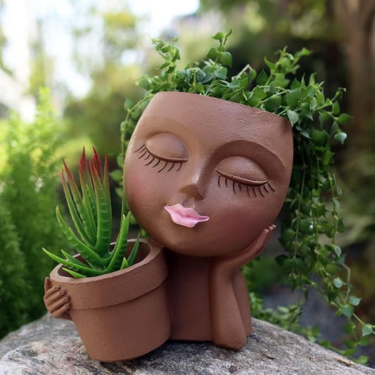 Face Flower Pot Head Planter, Black Woman Unique Planters for Indoor Outdoor Plants, Novelty Plant Pots Lady Vase with Drainage Hole Home Garden Succulents Cactus