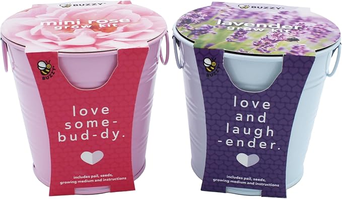 Buzzy Seeds Painted Love Pails | Flower & Herb Starter Kit for Kids & Adults | 2-Pack | Mini Rose and Lavender Seeds | Guaranteed to Grow | Best Indoor Grow Your Own Plant Gardening Gift