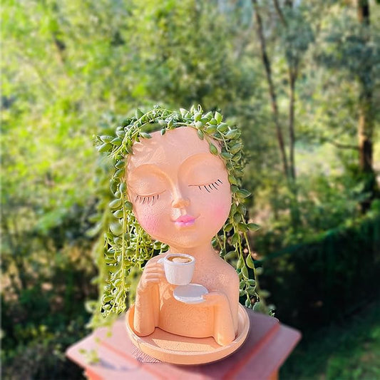Face Planter Pots, Resin Face Planter for Indoor/Outdoor Plants,Head Planter with Drainage Hole/Removable Saucer,Girl Holding Coffe (Coffee, Light)