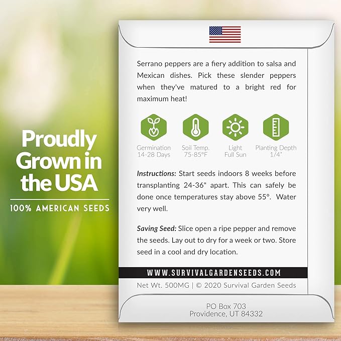 Survival Garden Seeds - Serrano Pepper Seed for Planting - 2 Packs with Instructions to Plant and Grow Spicy Mexican Peppers in Your Home Vegetable Garden - Non-GMO Heirloom Variety