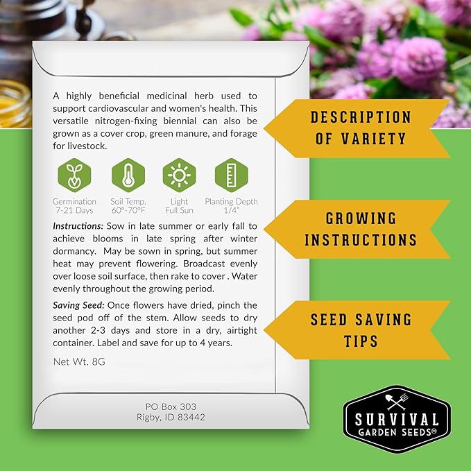 Survival Garden Seeds - Red Clover Seed for Planting - 1 Packet with Instructions to Plant & Grow a Medicinal Herb & Nitrogen Fixing Ground Cover in Your Home Garden - Non-GMO Heirloom Variety