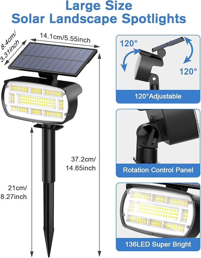 Fabrito Solar Spot Lights Outdoor 136 LEDs, Large Area Lighting Solar Lights Outdoor, 4 Pack IP65 Waterproof Landscape Spotlights Auto On/Off for Yard, Garden, Pathway, Plants,Tree (Cool White)