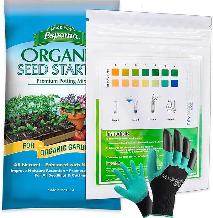 Espoma Organic Seed Starter Potting Soil 16 qt All Natural & Organic Seed Starting Mix with a My Garden Pool PH Soil Test Strips 20 ct, and Superior Gardening Claw Gloves