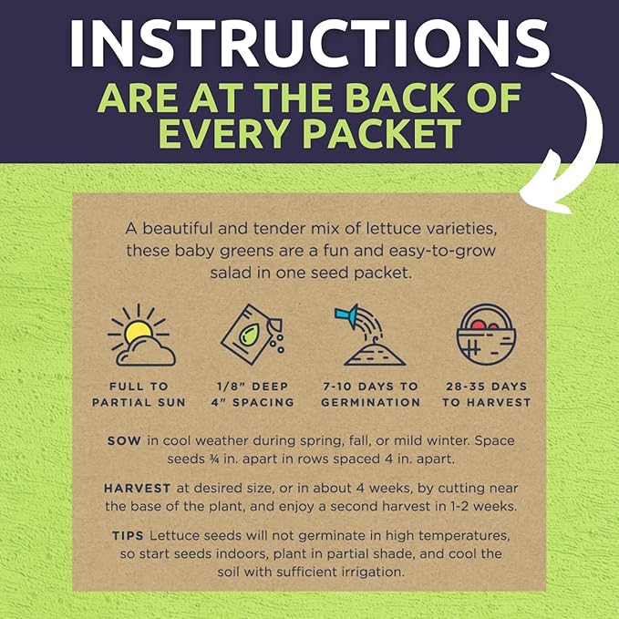 Organic Lettuce & Greens Seeds Variety Pack - 5 Individual Packs - 2025 Season - Buttercrunch, Gourmet Mix, Romaine, Tom Thumb & Iceberg. for Indoor & Outdoor Planting (Non-GMO, Certified Organic)