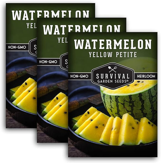 Survival Garden Seeds - Yellow Petite Watermelon Seed for Planting - 3 Packs with Instructions to Plant and Grow Small Yellow Watermelons in Your Home Vegetable Garden - Non-GMO Heirloom Variety