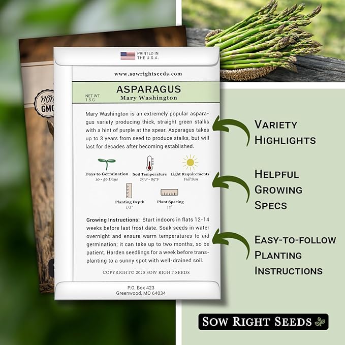 Sow Right Seeds - Mary Washington Asparagus Seed for Planting - Non-GMO Heirloom Packet with Instructions to Plant an Outdoor Home Vegetable Garden - Classic Perennial Stalks with Hearty Flavor (1)