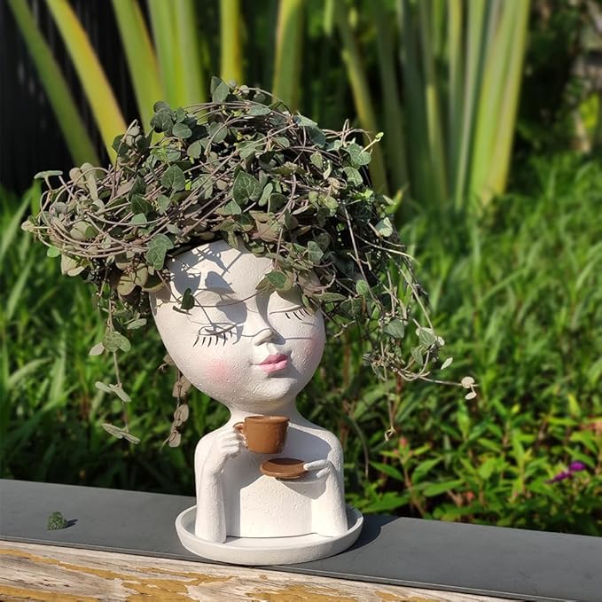 Face Planter Pots, Resin Face Planter for Indoo/Outdoor Plants,Head Planter with Drainage Hole/Removable Saucer (Coffee, White)