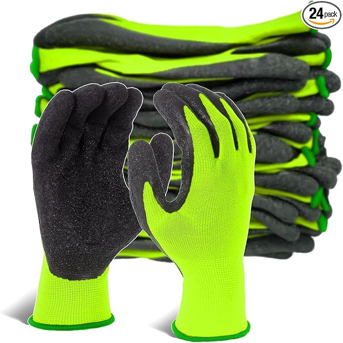 Evridwear Crinkle Latex Rubber Hand Coated Safety Work Gloves for Men Women General Multi Use Construction Warehouse Gardening Assembly Landscaping (X-Large,Green- 12Pair)