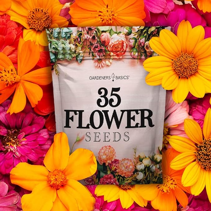 Gardeners Basics, Flower Seeds Packets for Planting 35 Individual Varieties Perennial, Annual, Wildflower Seeds for Planting Outdoors for Bees and Butterflies - Semillas de Flores Hermosas