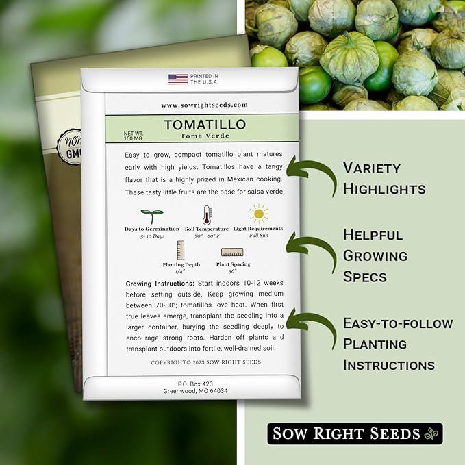 Sow Right Seeds - Toma Verde Tomatillo Seeds for Planting - Non-GMO Heirloom Packet with Instructions to Plant a Home Vegetable Garden - Mexican Husk Tomato - Ground Cherries Great for Salsa (4)