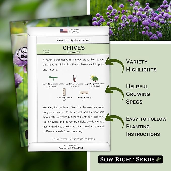 Sow Right Seeds - Common Chives Seed for Planting - Non-GMO Heirloom Packet with Instructions to Plant and Grow Kitchen Herb Garden Indoor or Outdoor - Mild Onion Flavor (2)