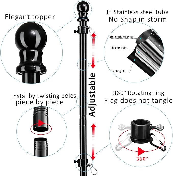 Black Flag Poles for Outside in Ground - 8.3ft Flag Pole for House with 2 Pronges Base - Stainless Steel Flag Pole Kit with 3x5FT American Flag for Yard Residential Commercial