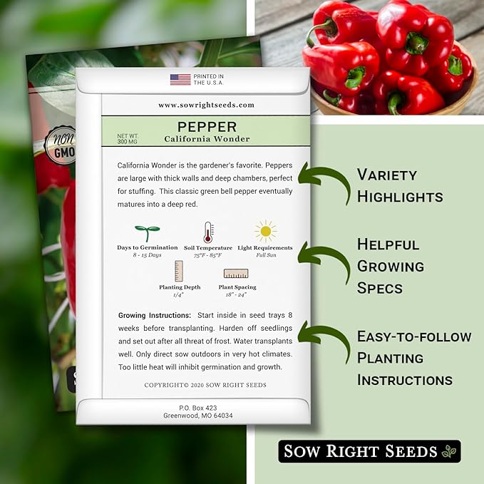 Sow Right Seeds - California Wonder Bell Pepper Seed for Planting - Non-GMO Heirloom Packet with Instructions to Plant an Outdoor Home Vegetable Garden - Productive and Sweet, Pick Green or Red (1)