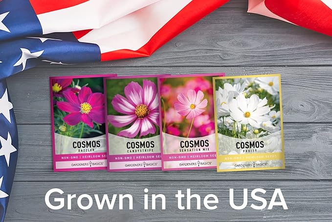 Gardeners Basics, Cosmos Seeds for Planting Outdoors Flower Seeds (4 Variety Pack) Cosmos Candystripe, Sensation Mix, Dazzler, Purity Pink and White Varieties for Bees, Pollinators Wildflower Seed