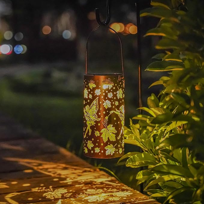 Fairy Solar Lanterns Outdoor Hanging Maple Leaf Decor Lantern,Waterproof Hollow Out Metal Decorative Garden Light,Graceful Decoration for Patio,Landscape,Walkway,Festival