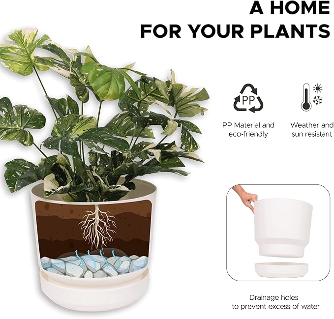 Elly Décor 14 inch Plastic Cylinder Planter Pot with Self-Watering Saucer and Drainage Hole,Lightweight & Extremely Durable, 14"x 14", White