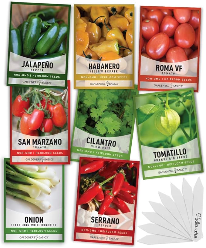 Gardeners Basics, Heirloom Hot Salsa Growing Seed Packets 8 Varieties Habanero, Jalapeno, Serrano Peppers, Roma, San Marzano Tomato, Cilantro, Green Onion, Tomatillo for Garden Non-GMO Heirloom