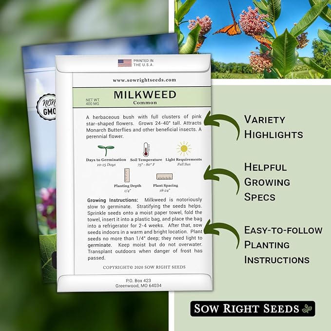 Sow Right Seeds - Common Milkweed Seeds for Planting - Attract Monarch Butterflies to Your Garden - Non-GMO Heirloom Seed Packet with Full Instructions to Plant - Perennial Plant for Pollinators (2)