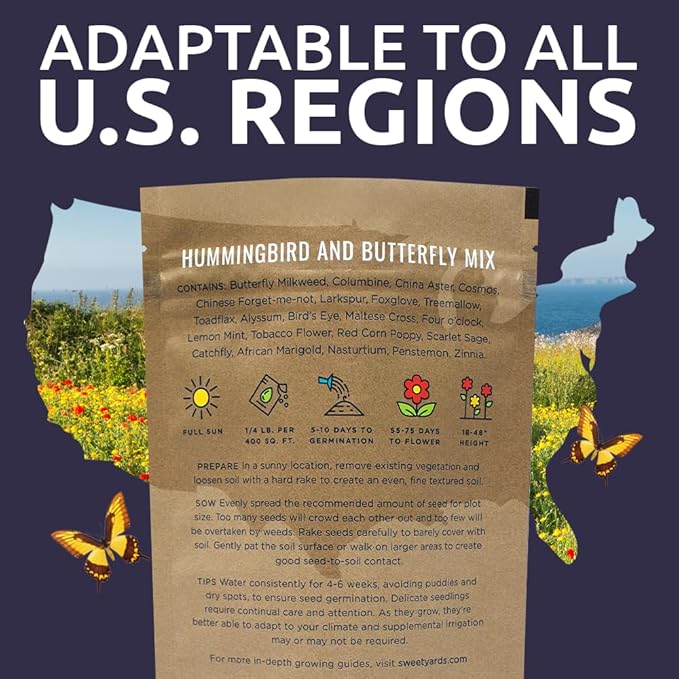 Bulk Wildflower Seeds Butterfly and Humming Bird Mix - 1/4 Pound Bag - Over 30,000 Open Pollinated Annual and Perennial Seeds