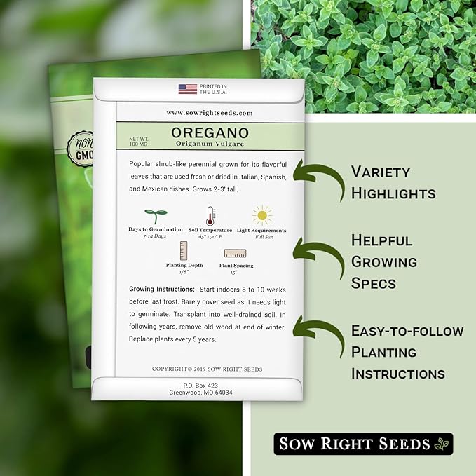 Sow Right Seeds - Oregano Seed for Planting - Non-GMO Heirloom- Instructions to Plant and Grow a Kitchen Herb Garden - Indoor or Outdoor - Gardening Gift - Produces Flavorful Leaves for Seasoning (1)