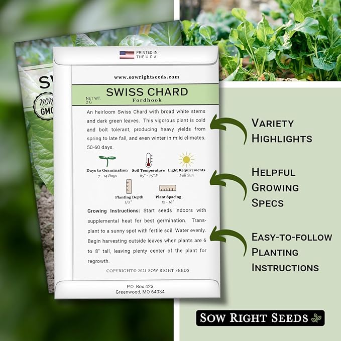 Sow Right Seeds - Fordhook Swiss Chard Seed for Planting - Non-GMO Heirloom Packet with Instructions to Plant and Grow an Outdoor Home Vegetable Garden - Nutritious, Flavorful - Great Gift (2)