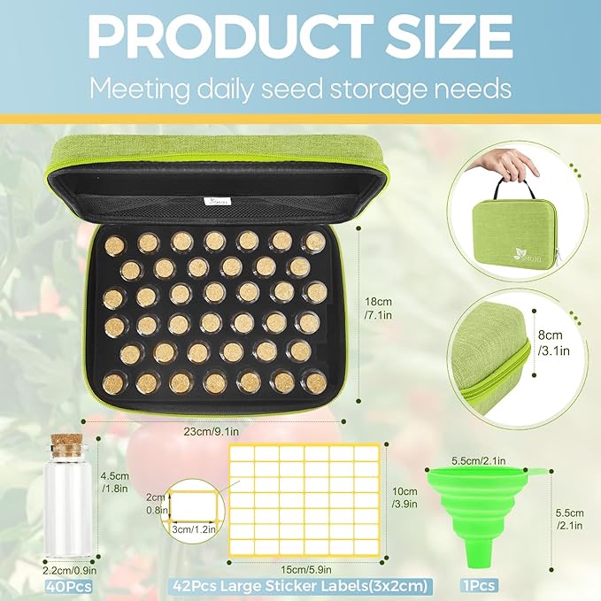【40 Slots】 Seed Storage Organizer, Sturdy Seed Organizer Storage Box with Dual Zipper Bag and 42Pcs Label Stickers, Glass Seed Storage Container for Flower Vegetable Plants Garden Seeds Saving, Green