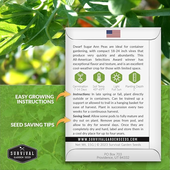 Sugar Ann Dwarf Pea Seed for Planting - 2 Packets with Instructions to Plant and Grow Sweet Snap Peas in Your Home Vegetable Garden - Non-GMO Heirloom Variety - Survival Garden Seeds